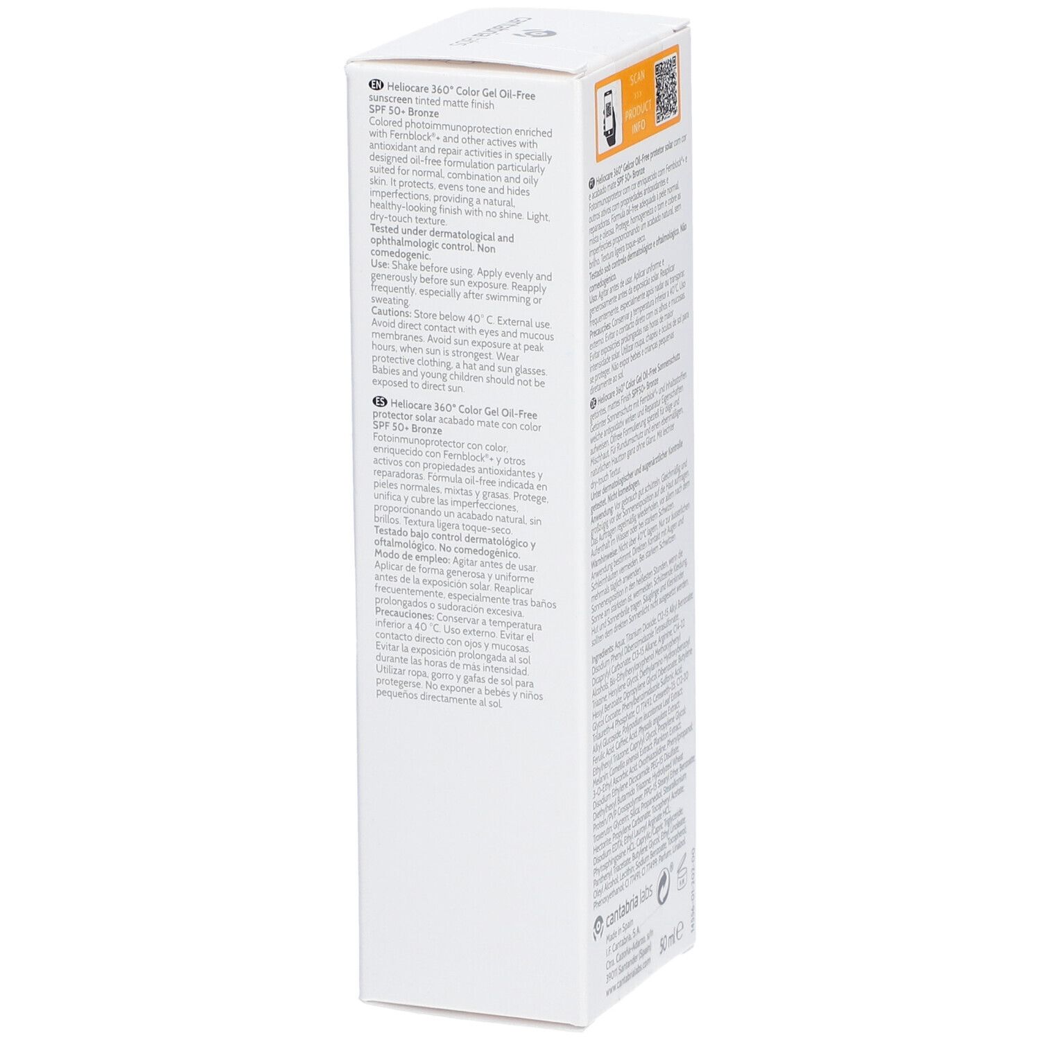 Boîte blanche, vue latérale avec texte. Nom du produit: Heliocare 360° Color Gel Oil-Free Bronze. Texte en plusieurs langues.