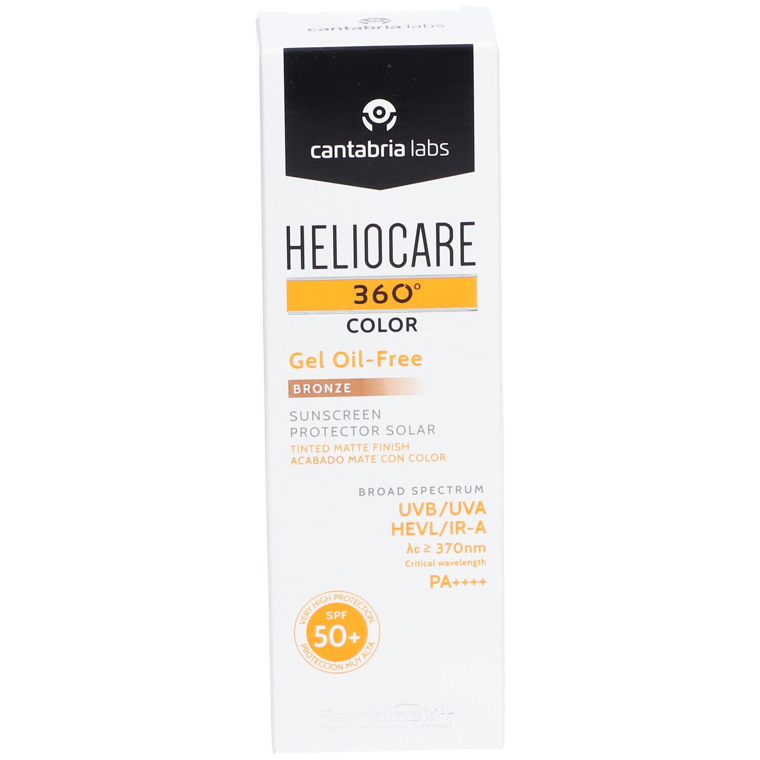 Boîte blanche avec informations produit. Inscription: Heliocare 360° Color Gel Oil-Free Bronze. Facteur de protection solaire 50+.