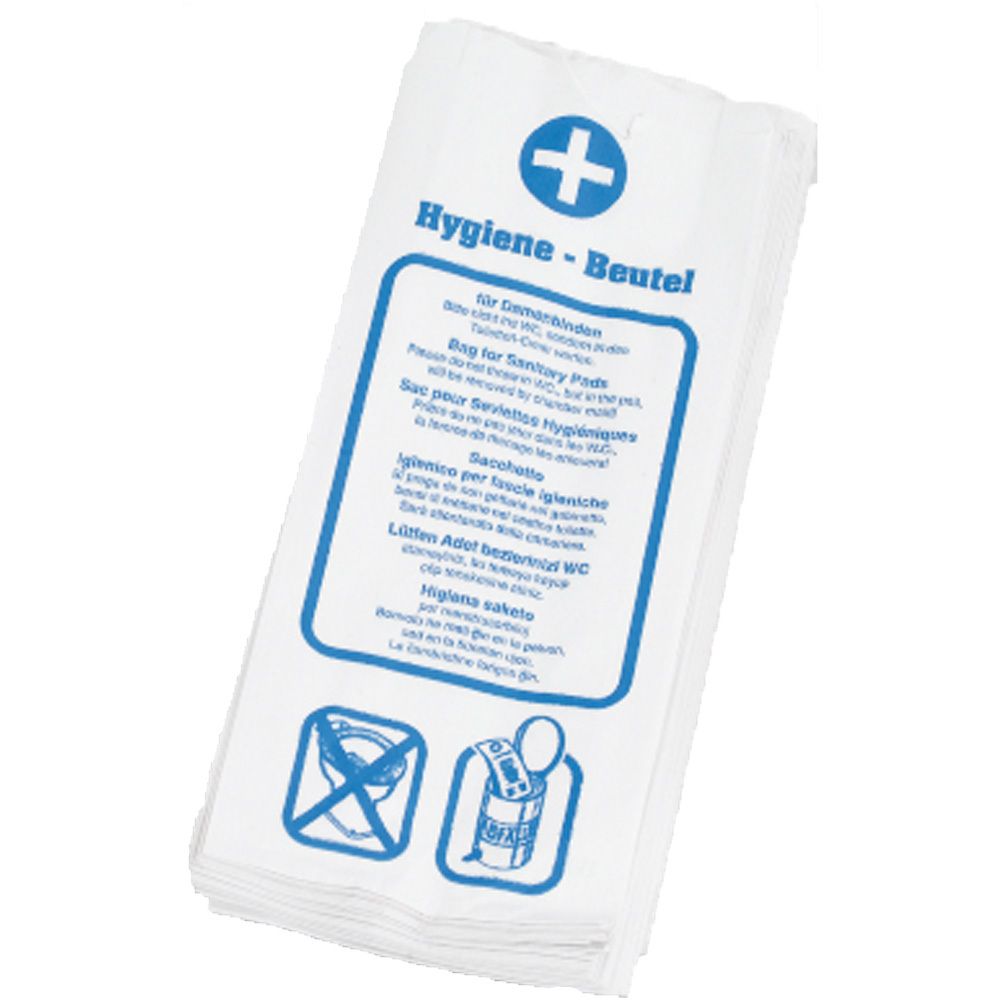 Sacs d'hygiène blancs avec croix bleue et texte. Texte multilingue dans un cadre bleu. Pictogrammes : toilettes barrées, poubelle.