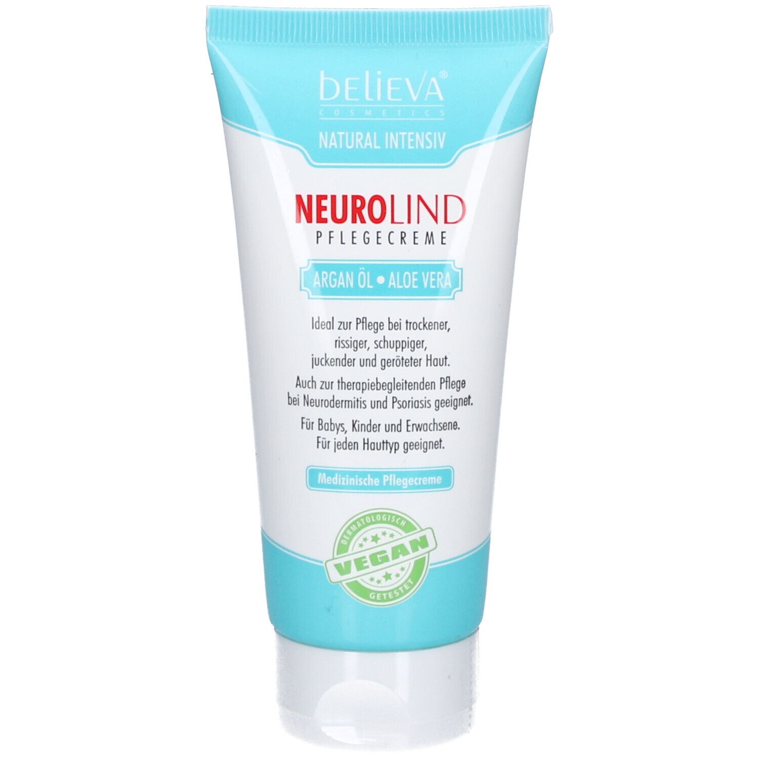 Tube de crème blanche et bleue. Inscription : believa® Natural Intensiv, Hautcreme, Neurodermitis und Psoriasis. Sceau : Sehr Gut.