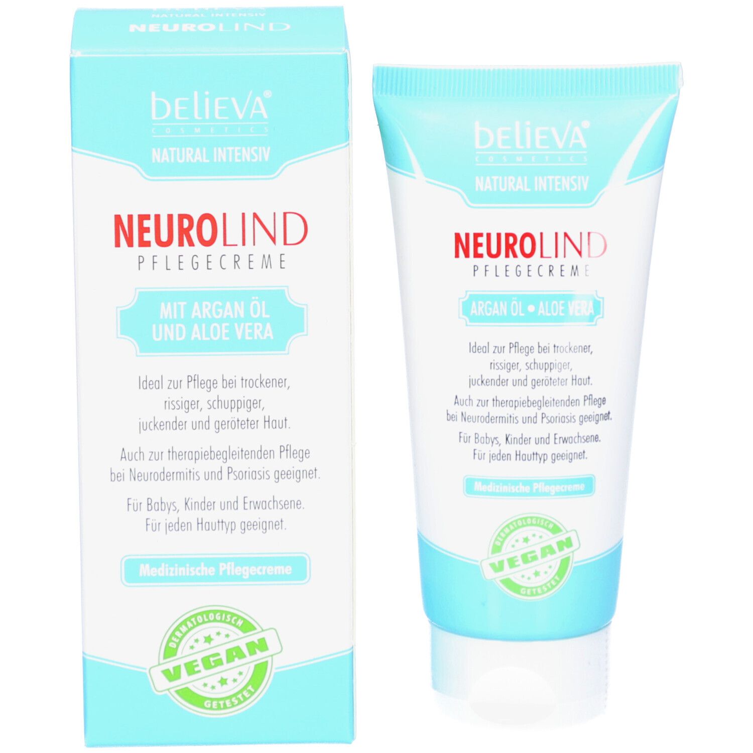 Emballage du produit avec tube et boîte. Tube : blanc-bleu, inscription : believa®, Hautcreme. Boîte : blanc-bleu, inscription : believa®, Hautcreme. Sceau : Sehr Gut.