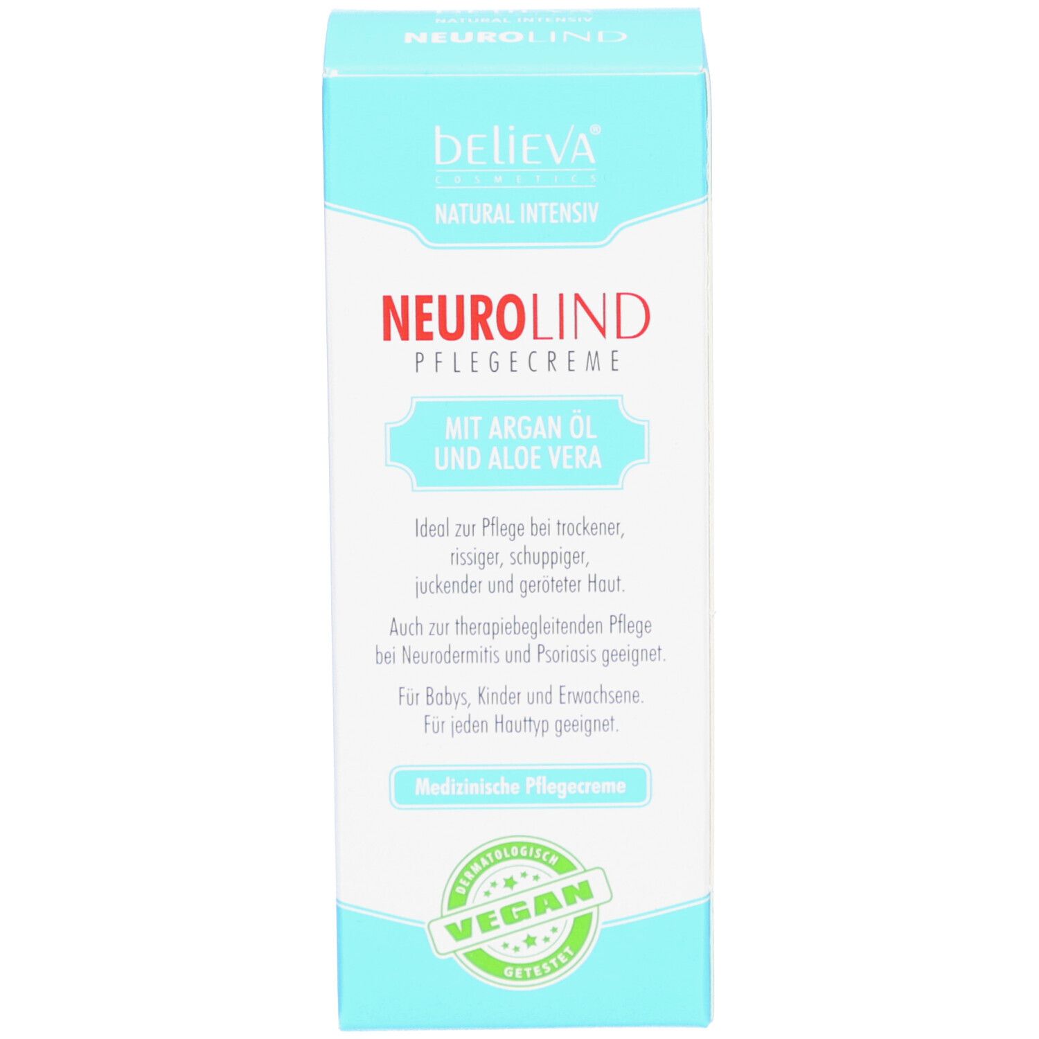Emballage en carton. Inscription : believa®, Hautcreme, Neurodermitis und Psoriasis. Sceau : Sehr Gut. Texte sur les propriétés du produit.