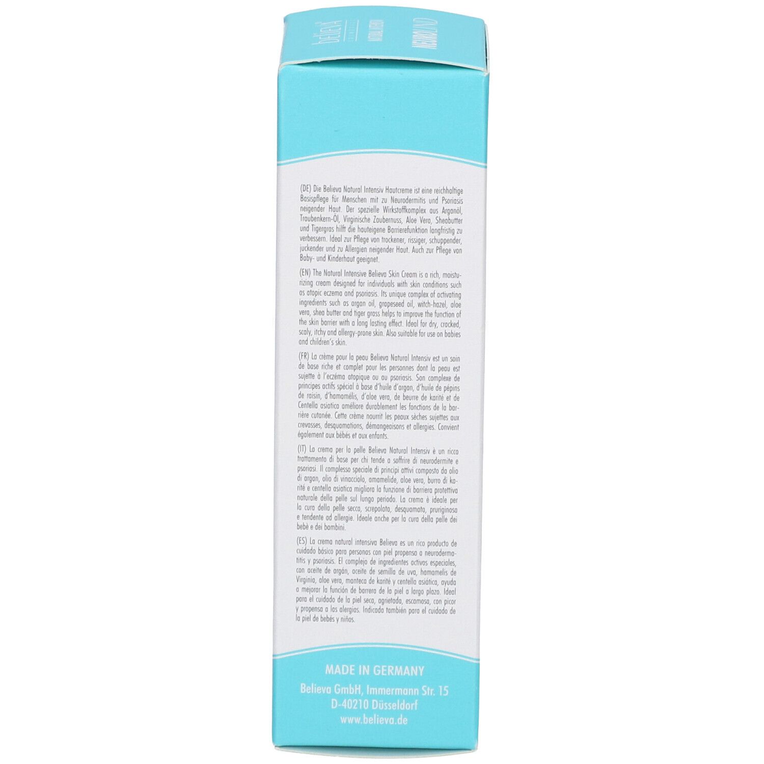 Côté de l'emballage en carton. Liste des ingrédients : huile d'argan, huile de pépins de raisin, aloe vera, beurre de karité, herbe du tigre. Sceau : Vegan, respectueux de la peau.