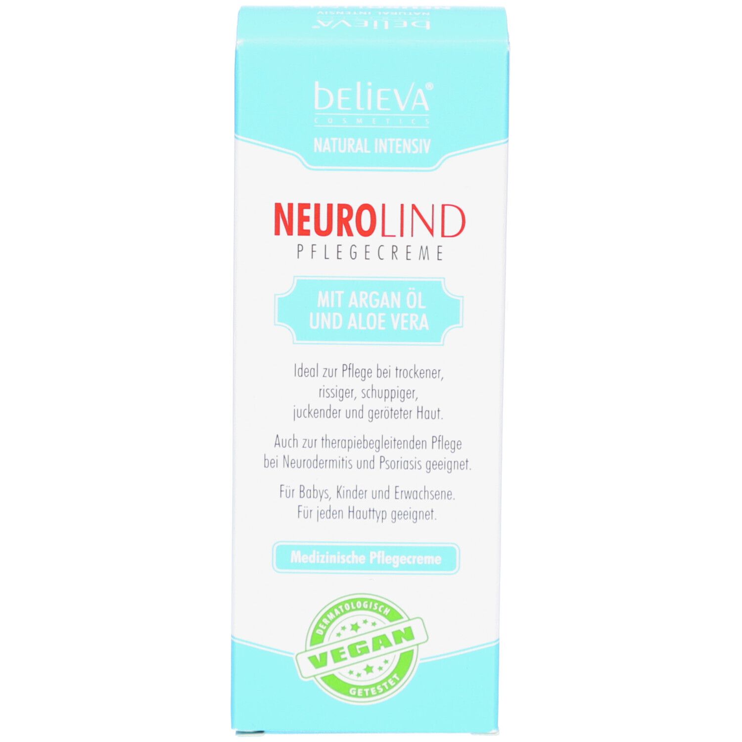 Emballage en carton. Inscription : believa®, Hautcreme, Neurodermitis und Psoriasis. Sceau : Sehr Gut. Texte sur les propriétés du produit.