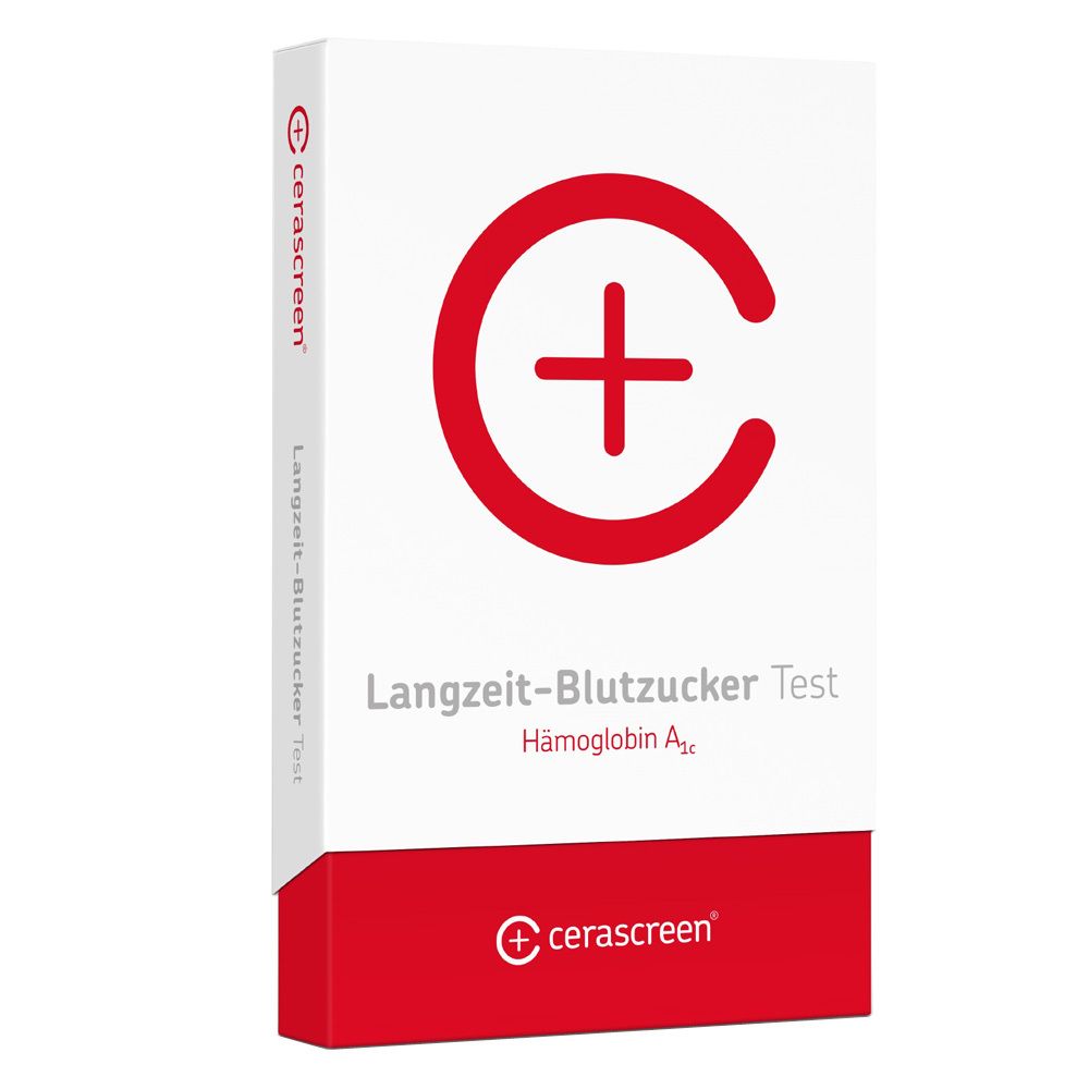 Emballage du test de glycémie à long terme cerascreen®. Blanc avec logo et texte rouges. Nom du produit et indication HbA1c.