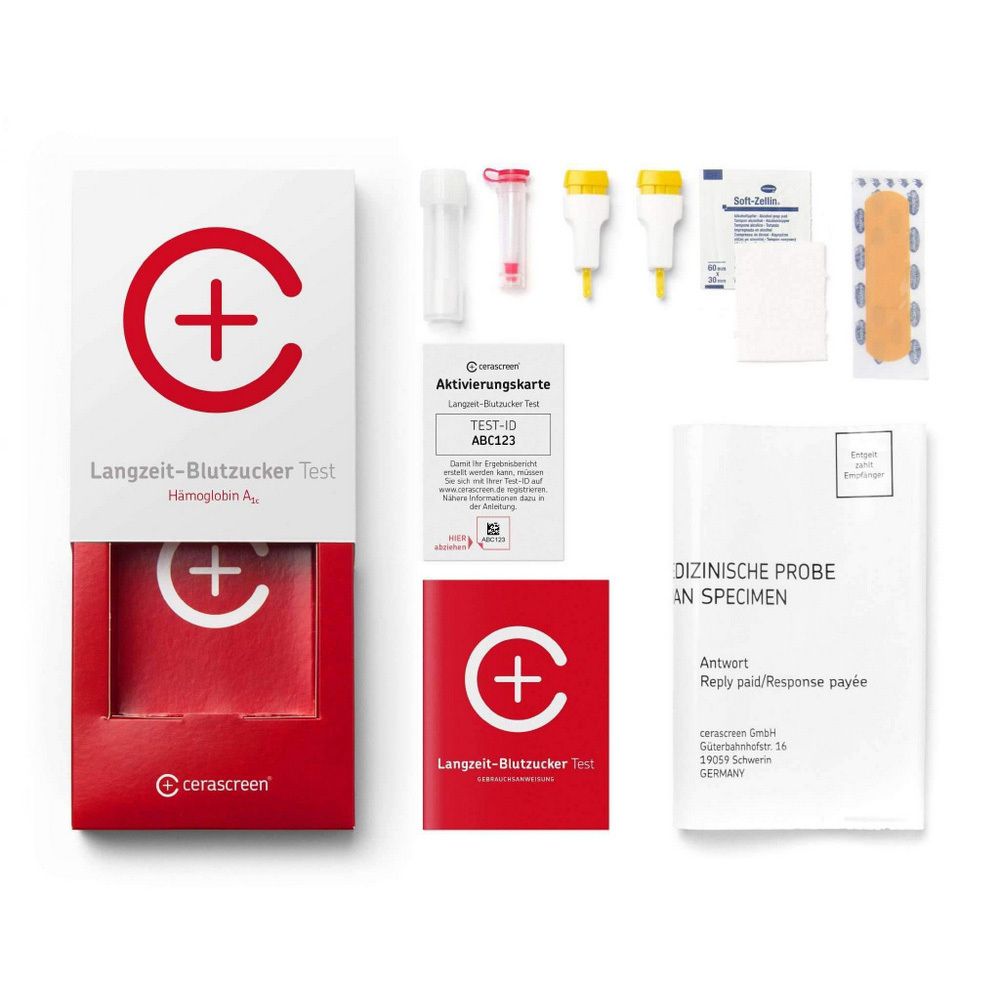 Emballage ouvert du test de glycémie à long terme cerascreen®. Contenu : cassette de test, carte d'activation, accessoires et instructions.