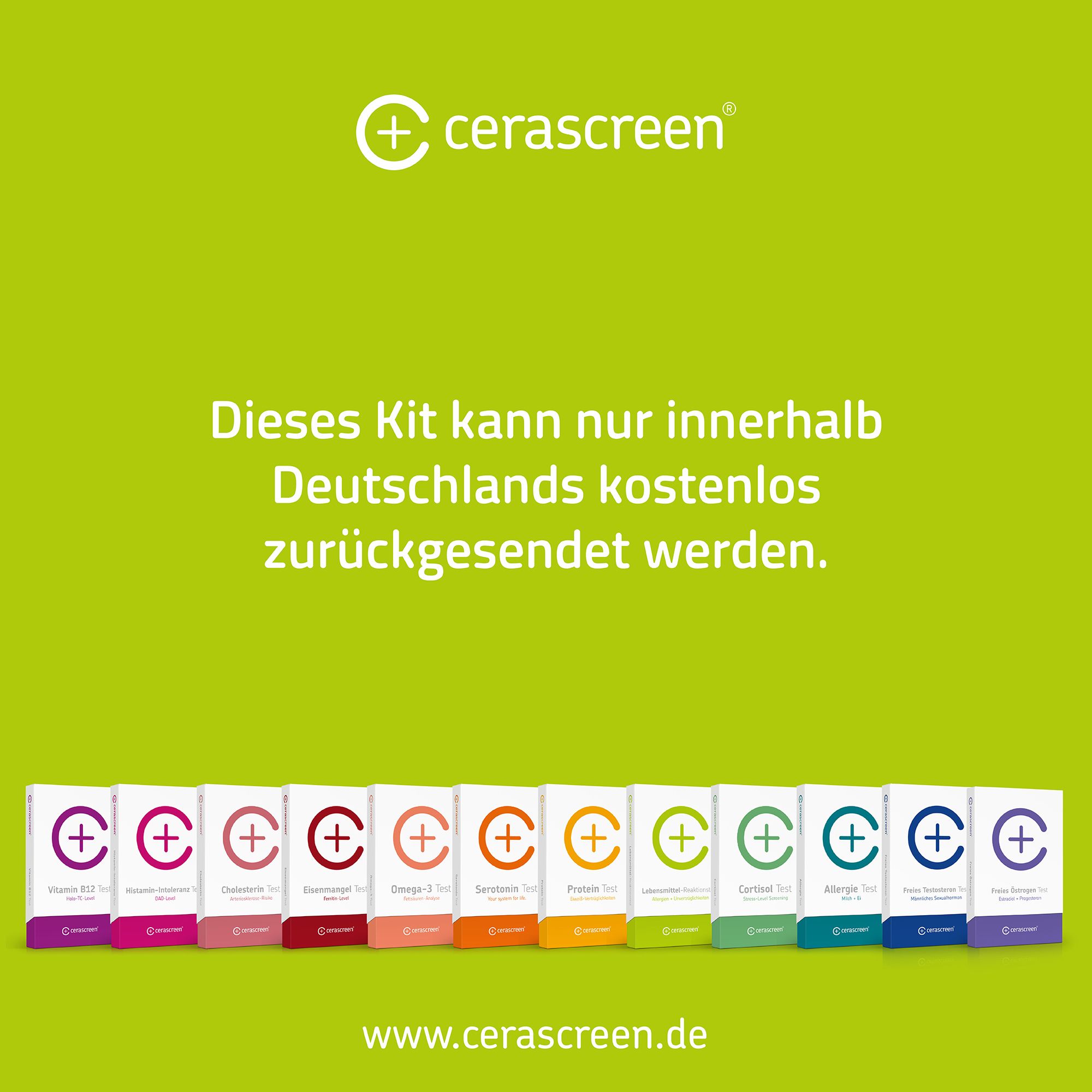 Publicité avec différents kits de test cerascreen®. Texte : Retour gratuit en Allemagne.
