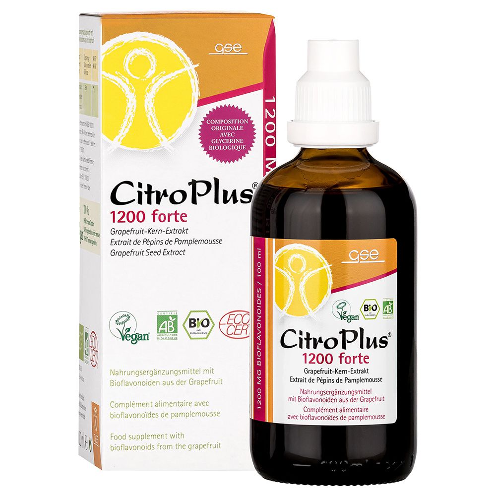 CitroPlus® 1200 forte. Flacon et boîte. Label Vegan. Texte: Extrait de pépins de pamplemousse. 1200 mg Bioflavonoïdes.
