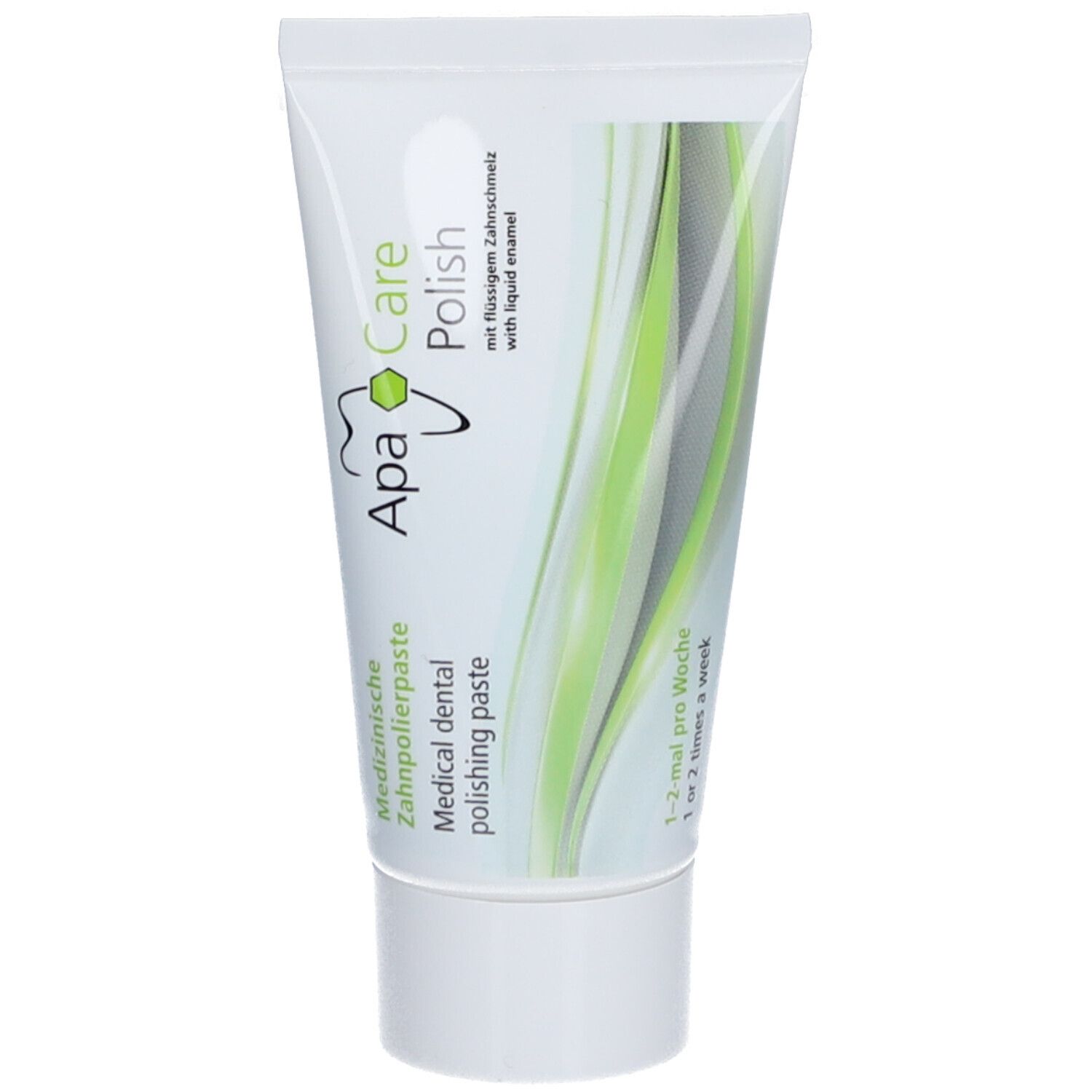 Tube de pâte polissante. Design blanc avec accents verts et nom du produit. Pâte polissante dentaire médicale.