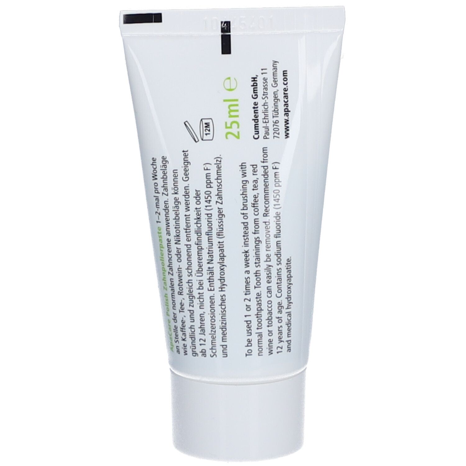 Dos du tube de pâte polissante. Contient des informations sur les ingrédients, le fabricant et l'utilisation. 25ml.