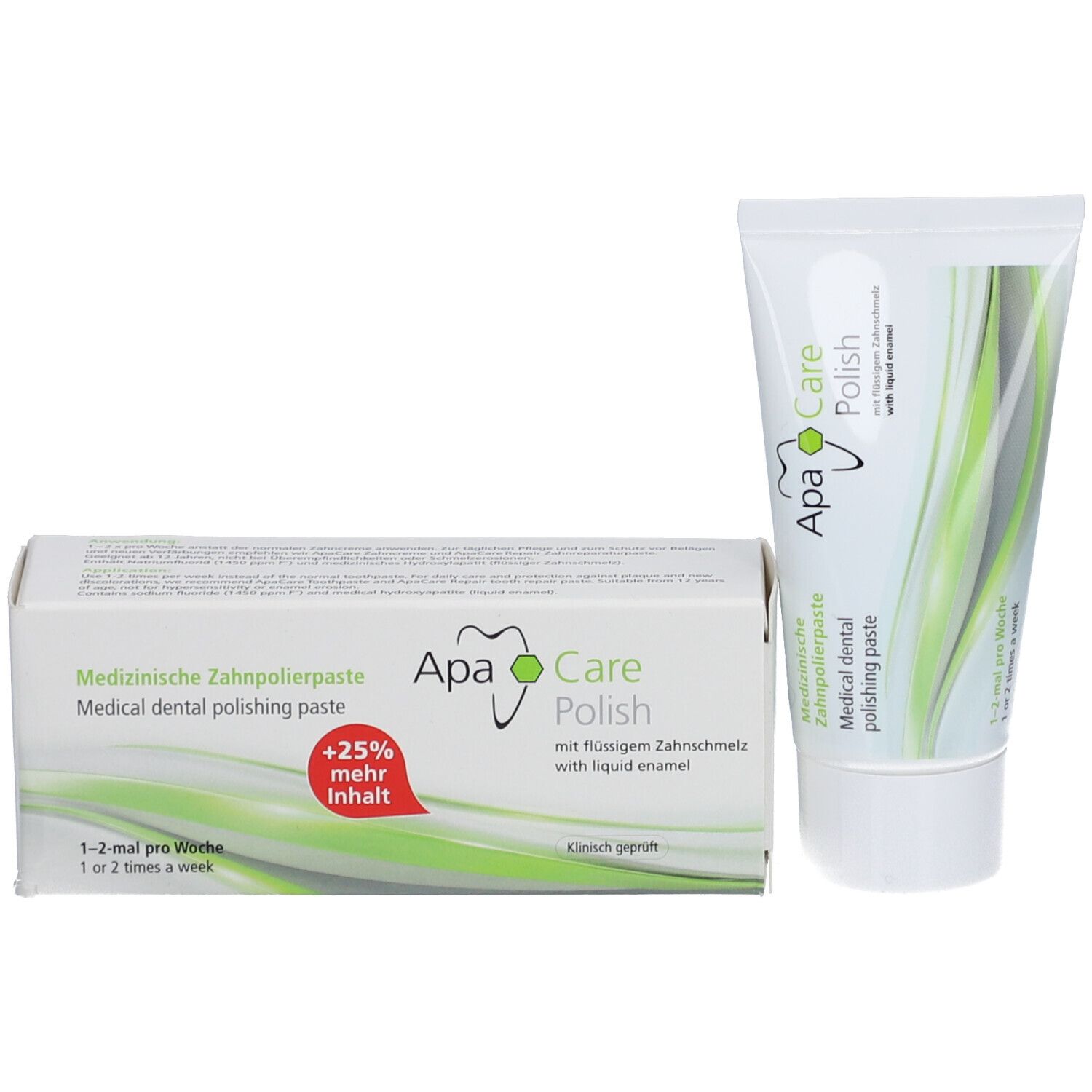 Pâte polissante et emballage. Emballage blanc avec nom du produit et accents verts. +25% de contenu en plus.