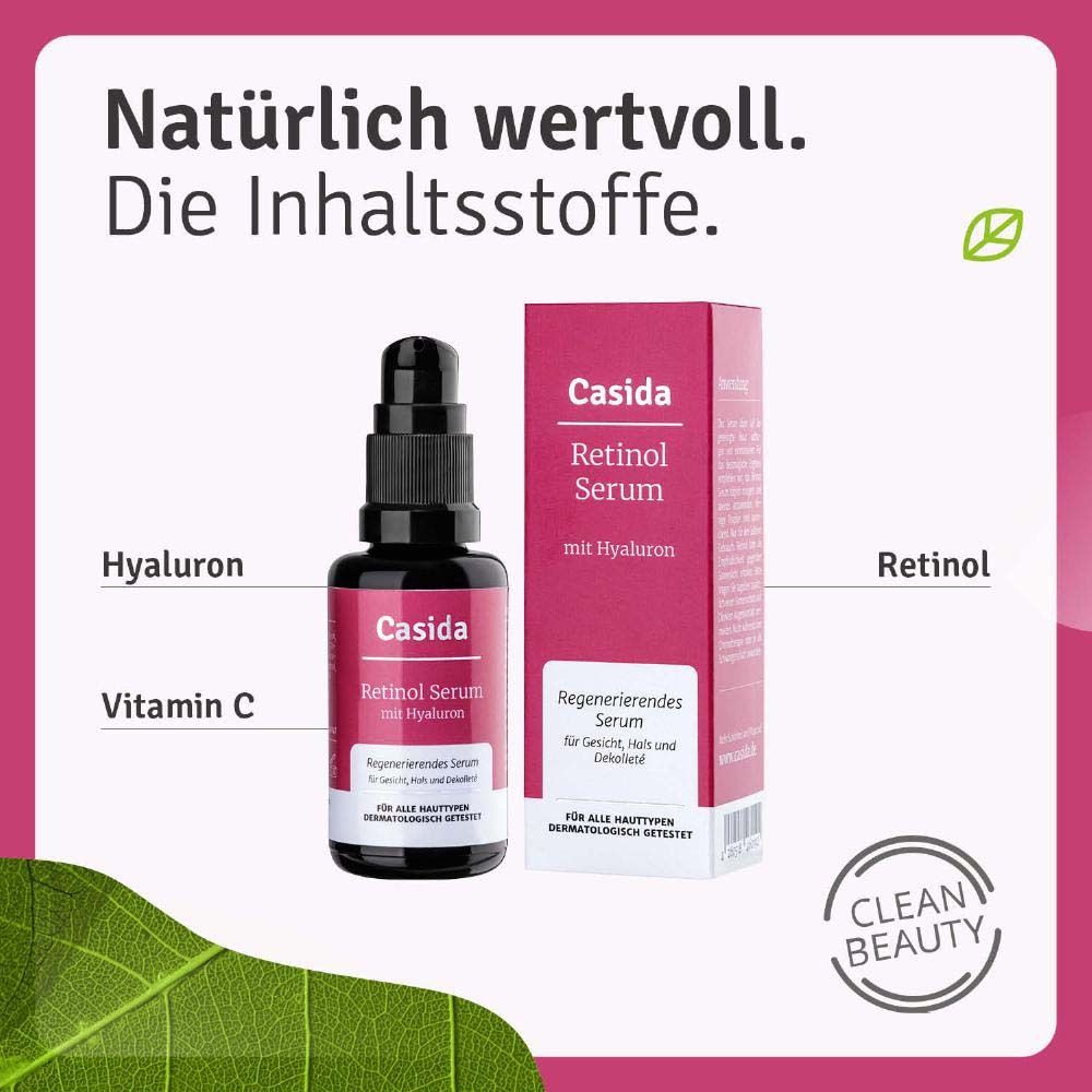 Flacon de sérum et emballage. Nom du produit et ingrédients sur fond rose. Logo Clean Beauty.
