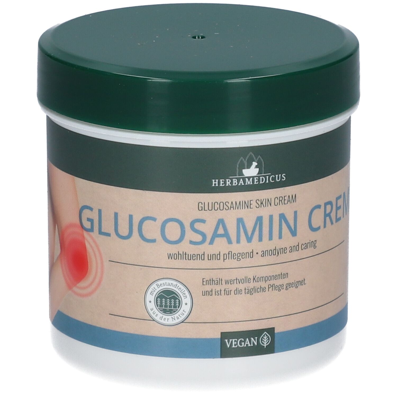 Pot de crème avec couvercle vert. Inscription: HERBAMEDICUS GLUCOSAMIN CREME. Label végan. Illustration genou.