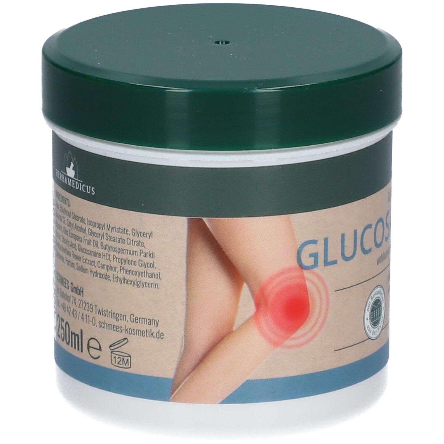 Pot de crème avec couvercle vert. Inscription: GLUCOSAMIN. Illustration genou avec marquage rouge. 250ml.