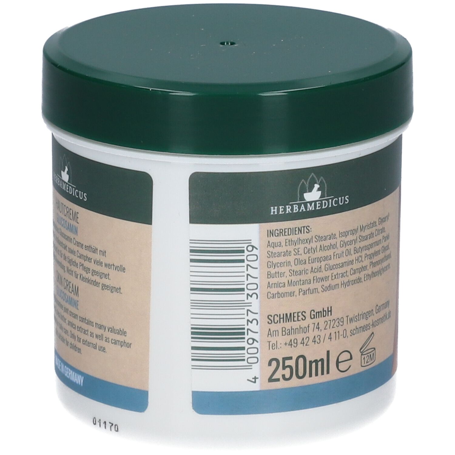 Pot de crème avec couvercle vert. Dos avec ingrédients et informations fabricant. 250ml.