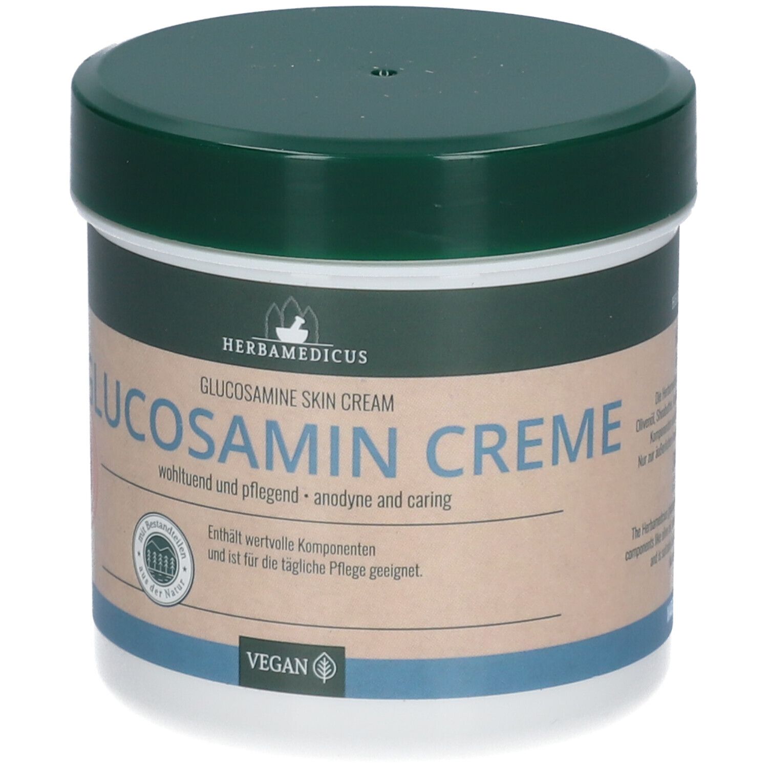 Pot de crème avec couvercle vert. Inscription: HERBAMEDICUS GLUCOSAMIN CREME. Label végan.