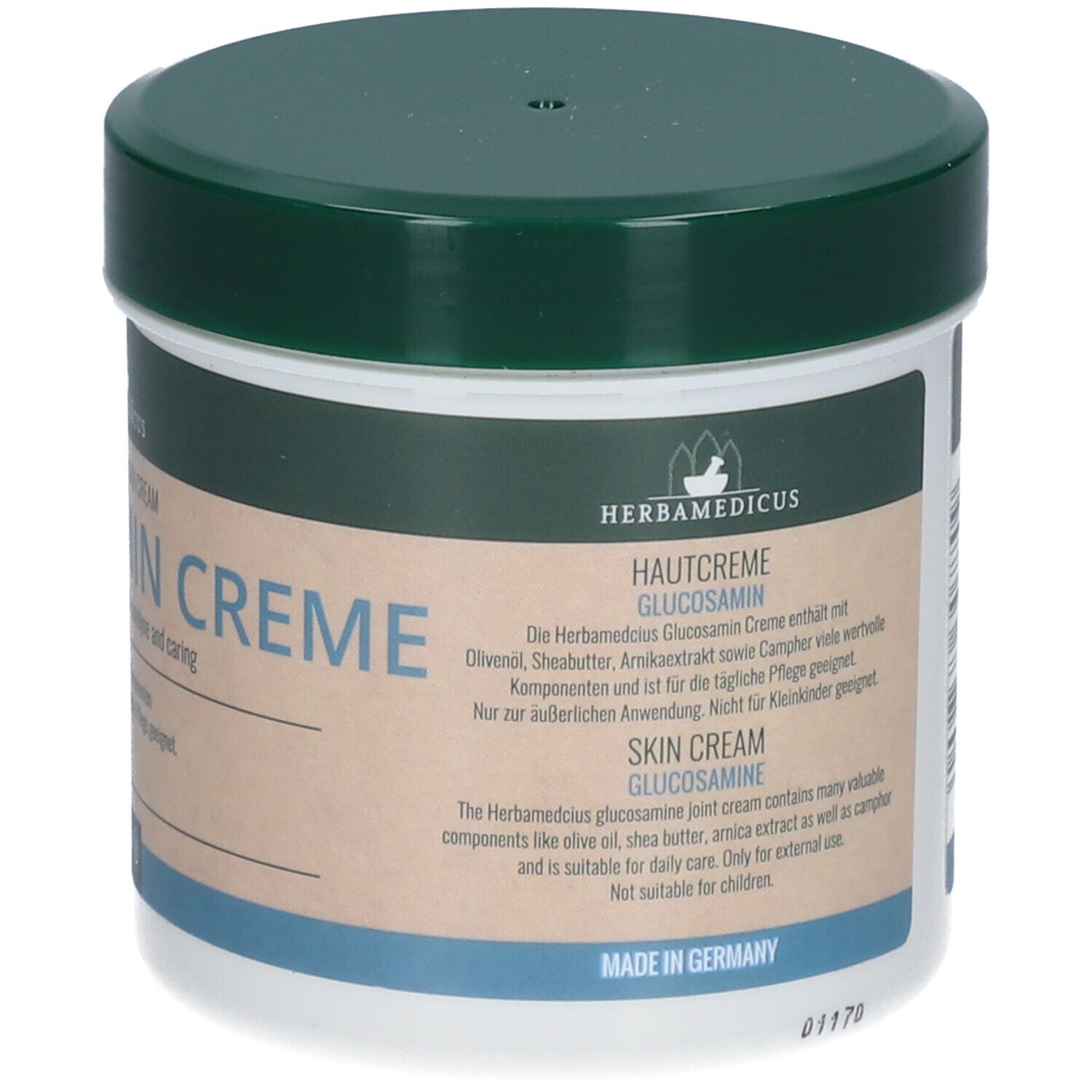 Pot de crème avec couvercle vert. Inscription: HERBAMEDICUS GLUCOSAMIN. Texte en allemand et anglais. Fabriqué en Allemagne.