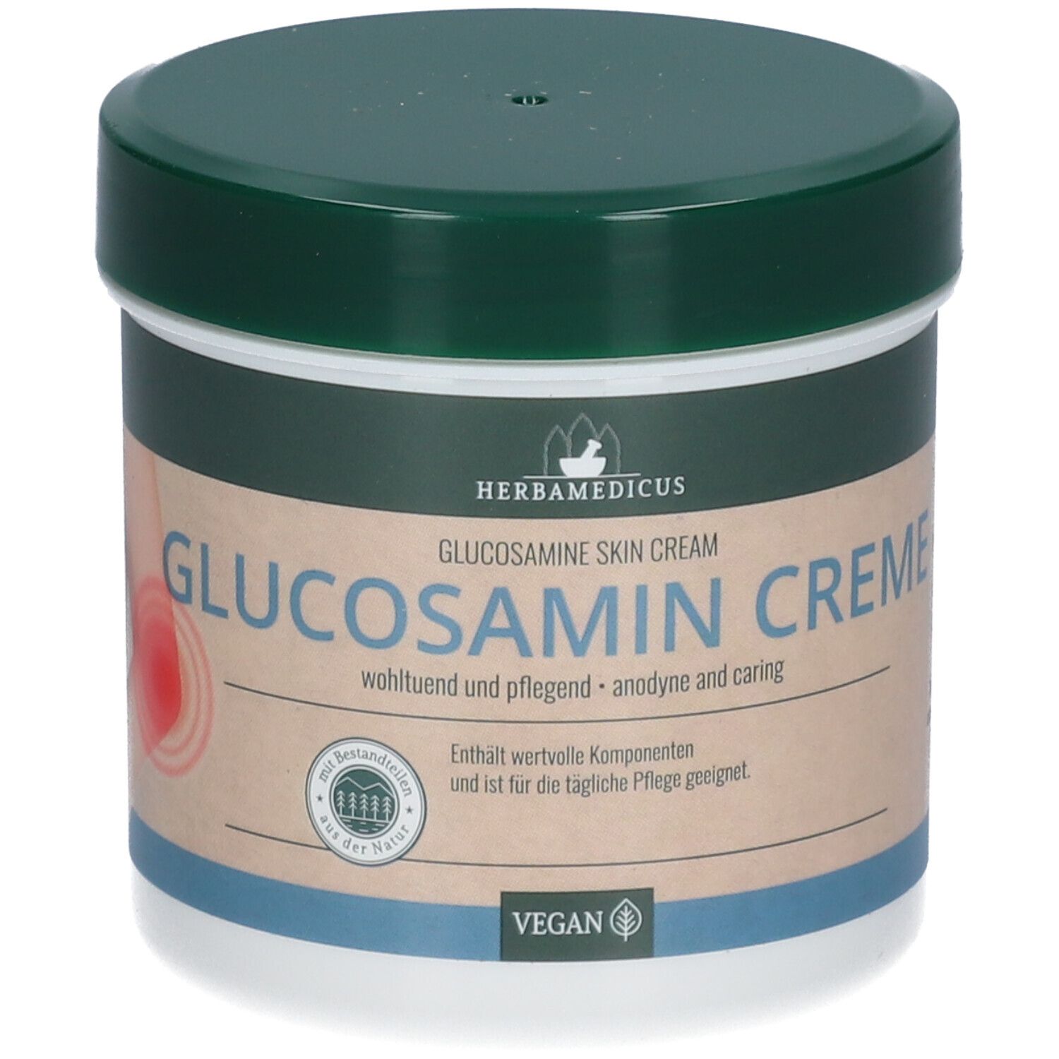 Pot de crème avec couvercle vert. Inscription: HERBAMEDICUS GLUCOSAMIN CREME. Label végan.