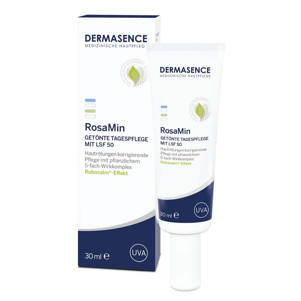 DERMASENCE RosaMin crème de jour teintée SPF 50. Tube et emballage. Blanc, bleu et vert. 30 ml. Protection UVA.