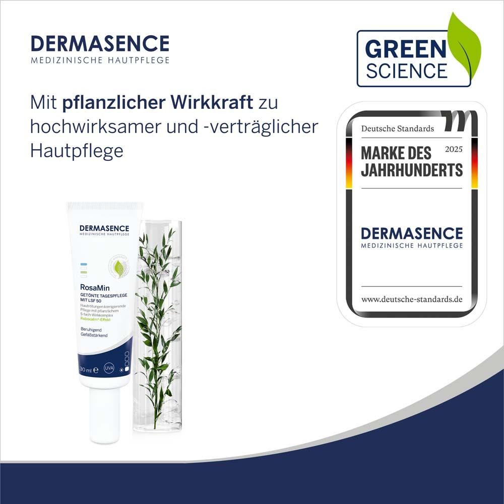 DERMASENCE RosaMin, emballage et tube. Logo Green Science. Marque du siècle 2025. Texte : Avec pouvoir végétal.