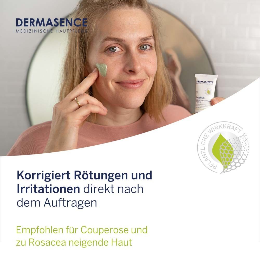 Femme appliquant DERMASENCE RosaMin. Texte : Corrige les rougeurs et irritations après application. Recommandé pour la couperose.