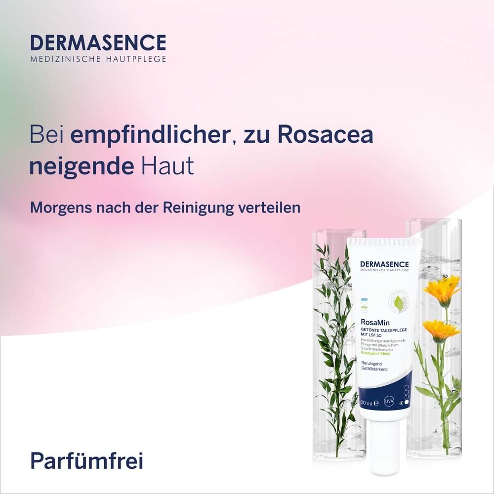 DERMASENCE RosaMin et plantes. Texte : Pour peaux sensibles à la rosacée. Appliquer le matin après le nettoyage. Sans parfum.