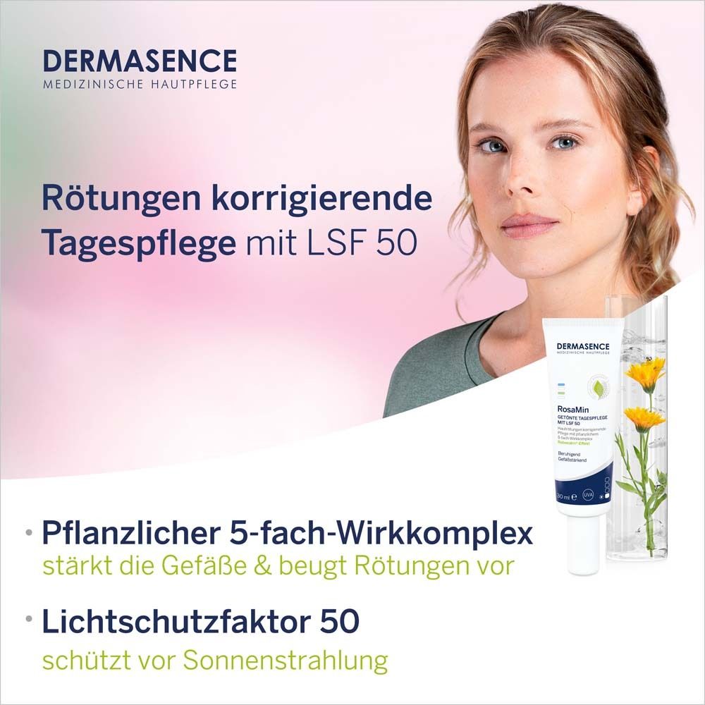 Femme avec DERMASENCE RosaMin et plantes. Texte : Soin de jour correcteur de rougeurs avec SPF 50. Complexe 5 actions. SPF 50.