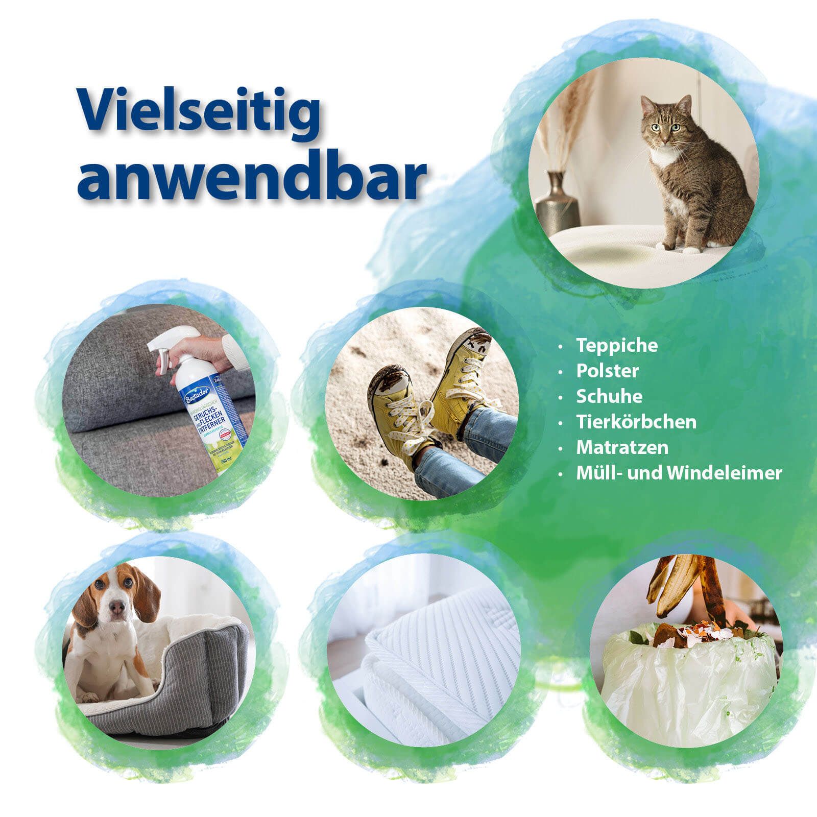 Divers domaines d'application. Texte : Polyvalent. Images : Tapis, rembourrage, chaussures, paniers pour animaux, matelas, poubelles.