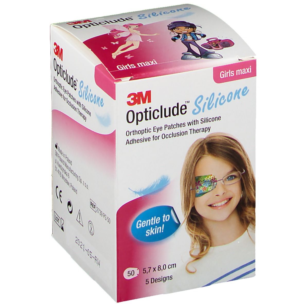 Boîte de patchs oculaires Opticlude Silicone pour filles. Contient 50 patchs, 5,7 x 8,0 cm, 5 modèles. Avec l'inscription "Gentle to skin!"
