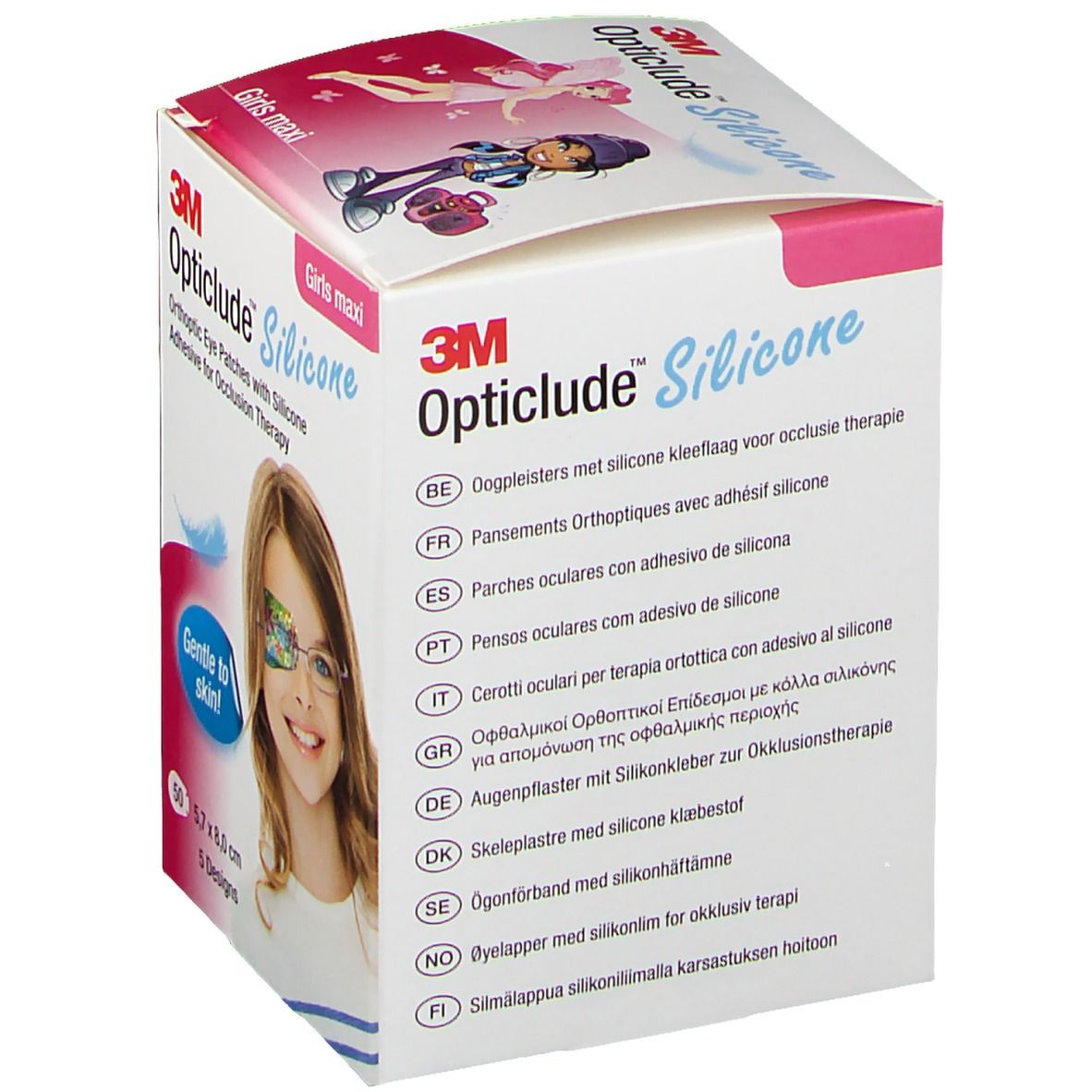 Boîte de patchs oculaires Opticlude Silicone pour filles. Informations multilingues. Contient 50 patchs, 5,7 x 8,0 cm, 5 modèles.