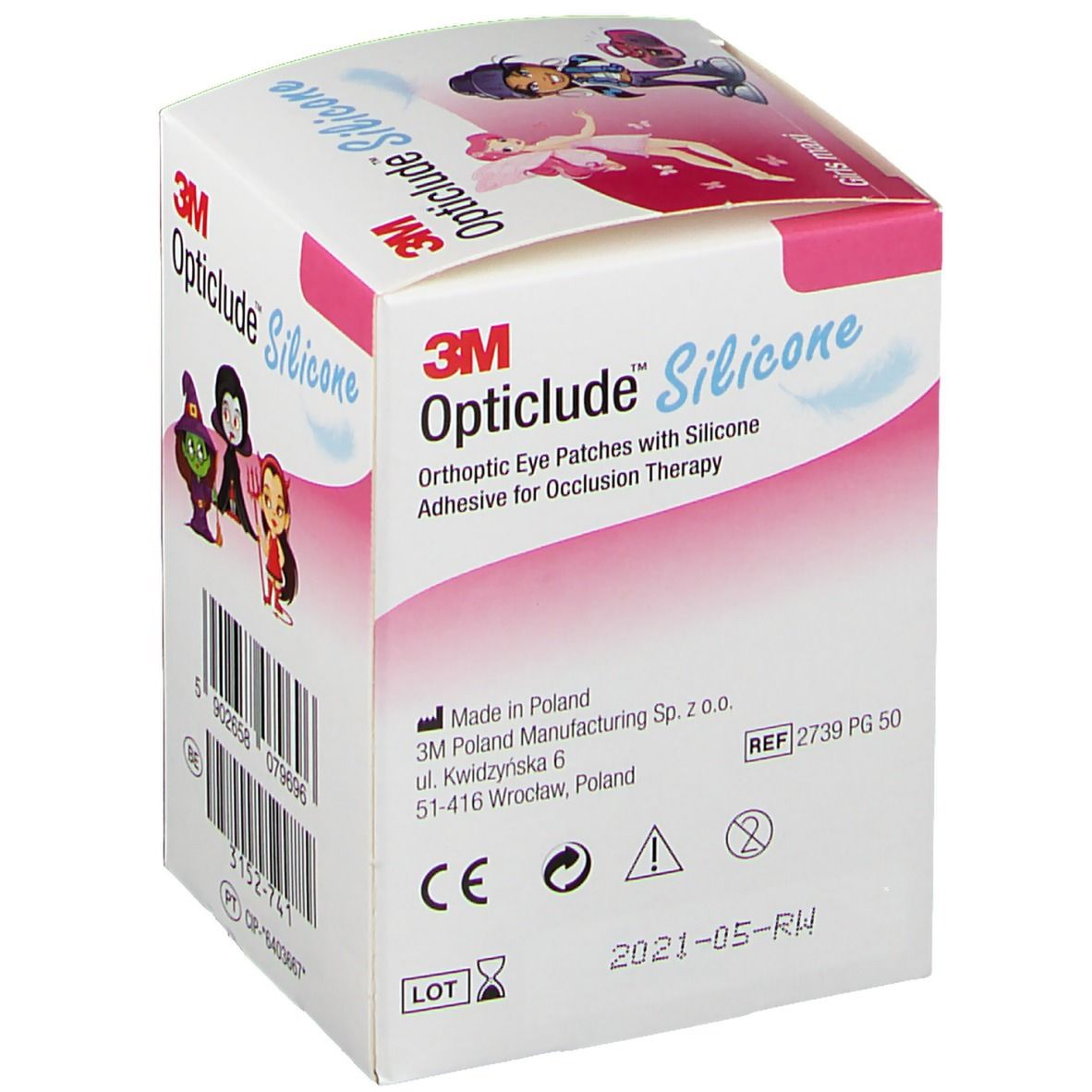 Dos de la boîte de patchs oculaires Opticlude Silicone. Avec informations fabricant et certifications. Contient 50 patchs, 5,7 x 8,0 cm.