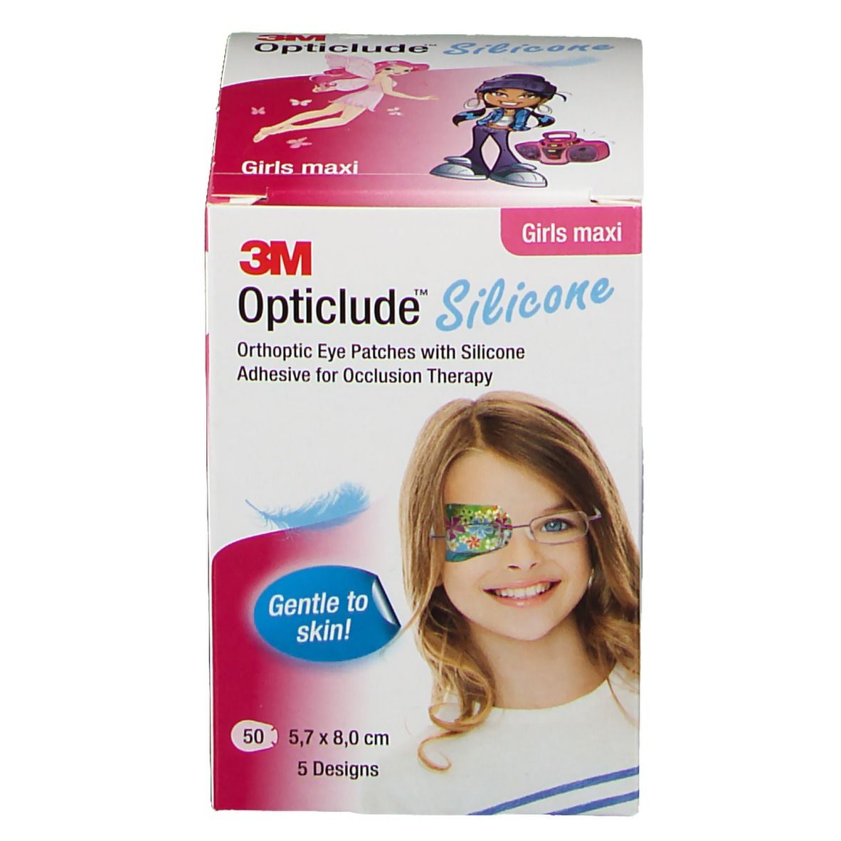 Boîte de patchs oculaires Opticlude Silicone pour filles. Contient 50 patchs, 5,7 x 8,0 cm, 5 modèles. Avec l'inscription "Gentle to skin!"