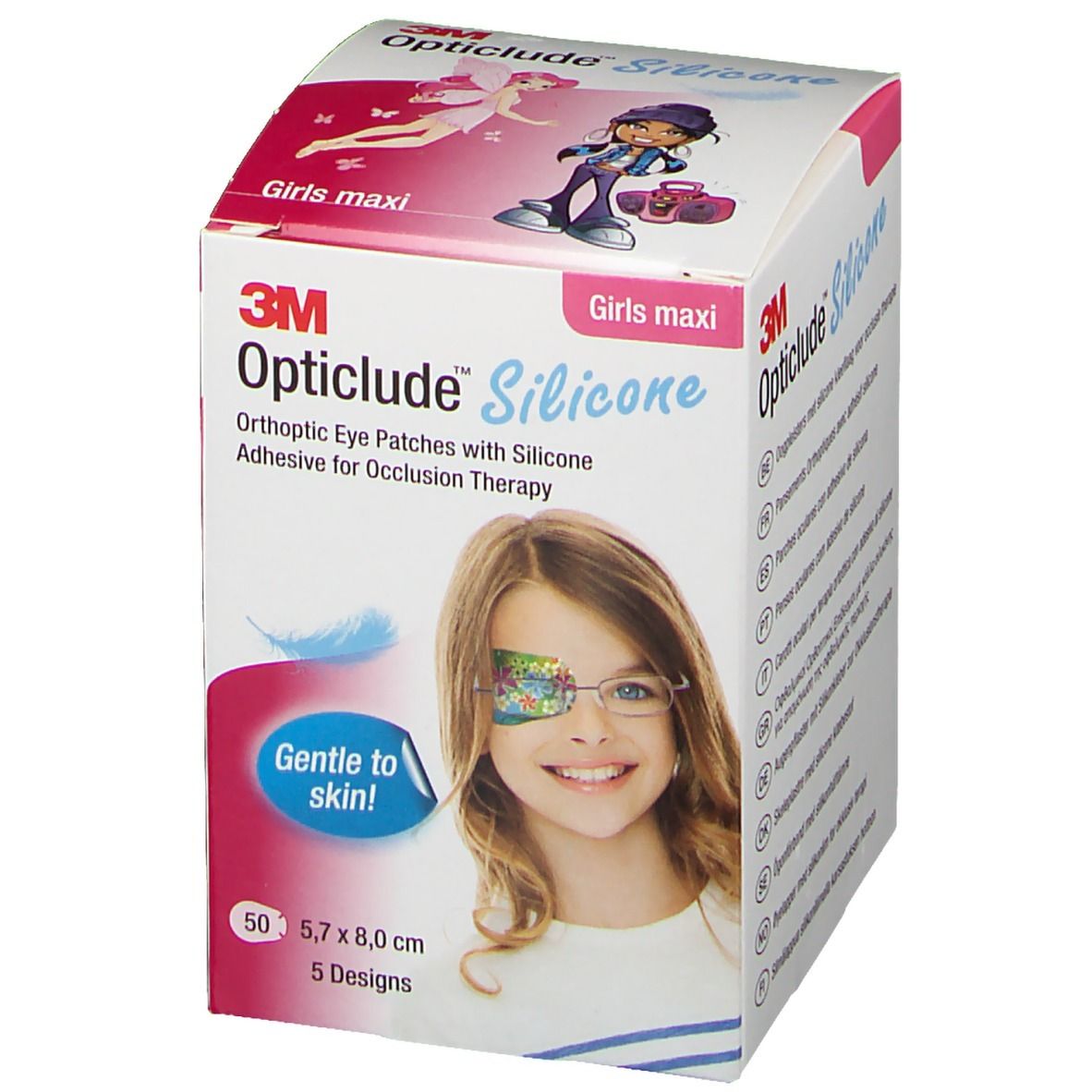 Boîte de patchs oculaires Opticlude Silicone pour filles. Contient 50 patchs, 5,7 x 8,0 cm, 5 modèles. Avec l'inscription "Gentle to skin!"