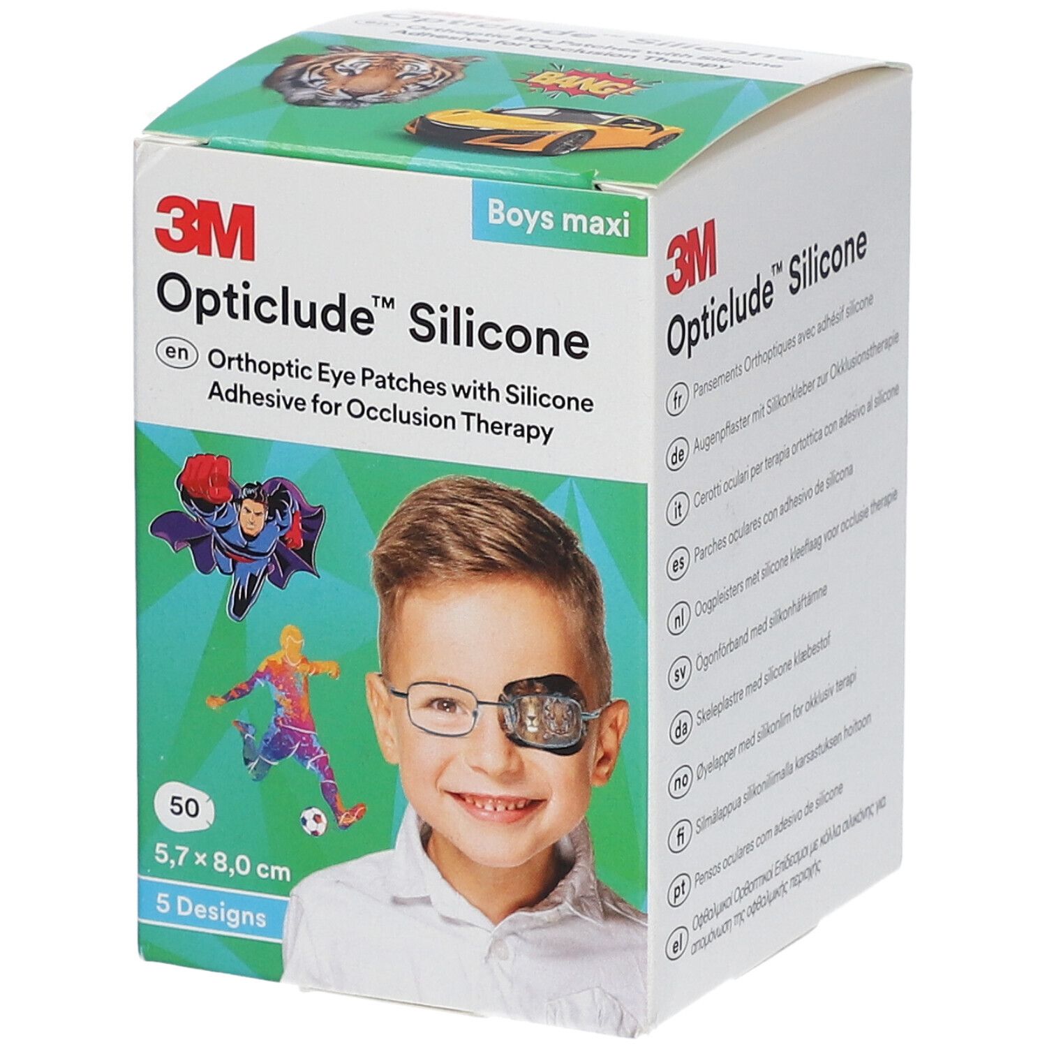 Boîte de pansements oculaires Opticlude Silicone, 50 unités, 5,7 x 8,0 cm. Illustration d'un garçon avec un cache-œil et des personnages de dessins animés.