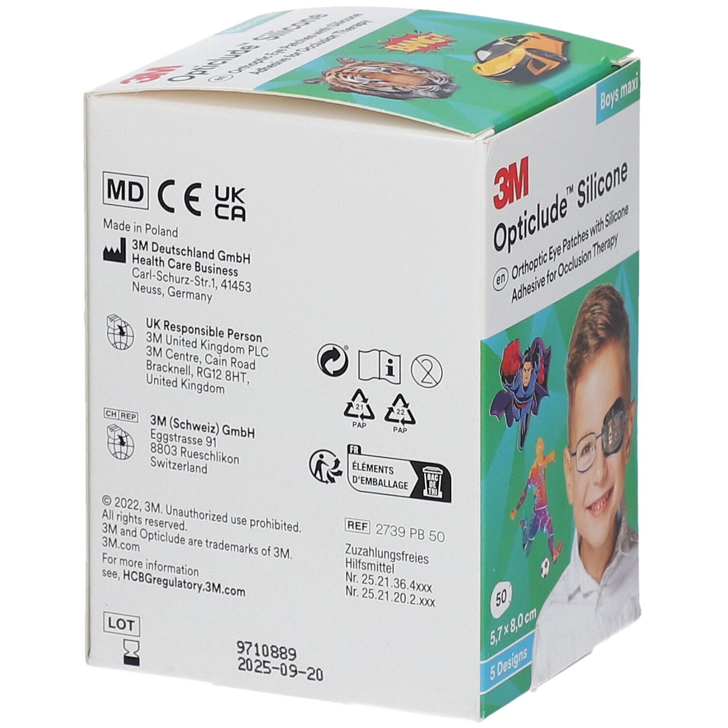 Boîte de pansements oculaires Opticlude Silicone. Informations fabricant, certifications et date de péremption. Verso avec personnages de dessins animés.