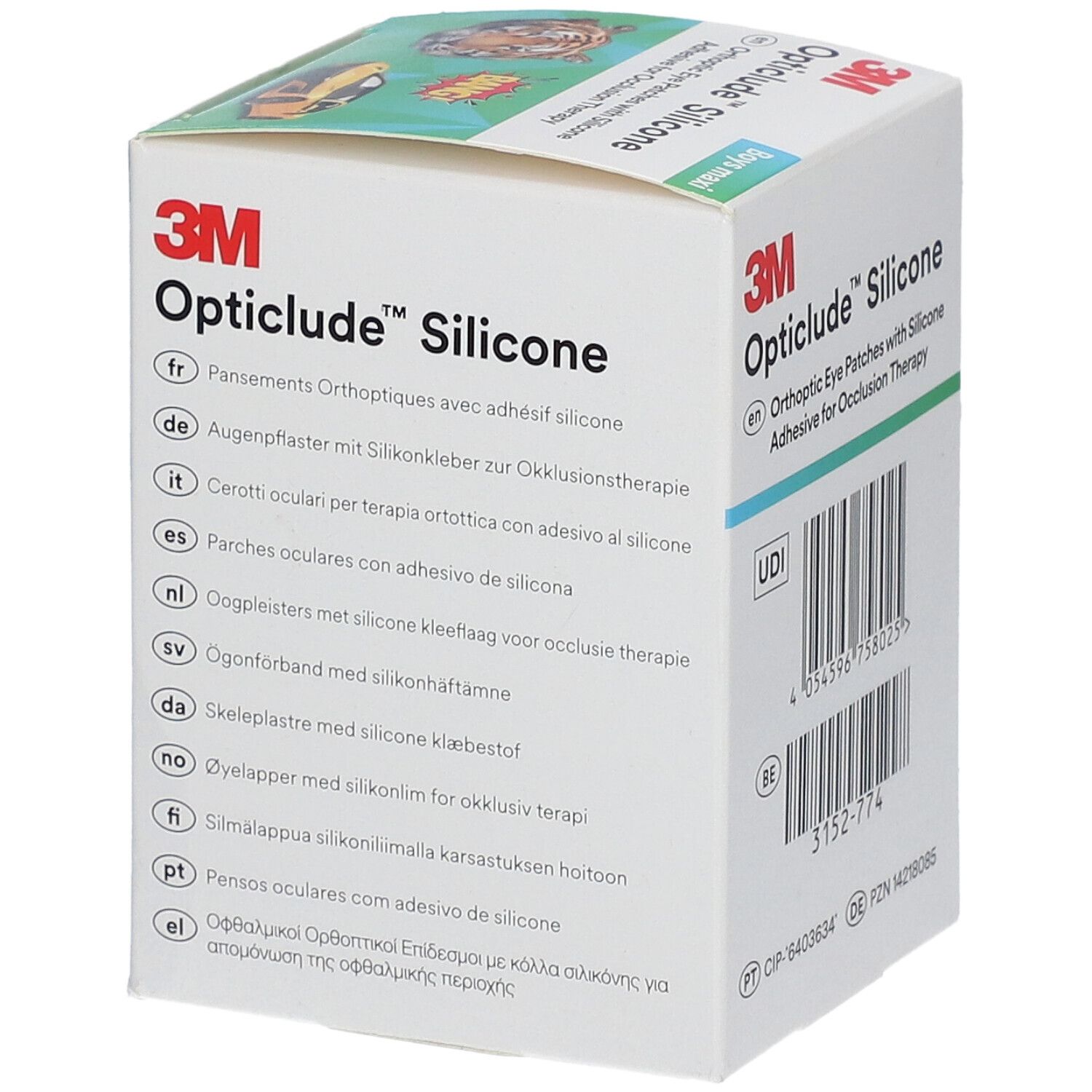 Boîte de pansements oculaires Opticlude Silicone. Description multilingue du produit. Contient un code-barres et un code UDI.