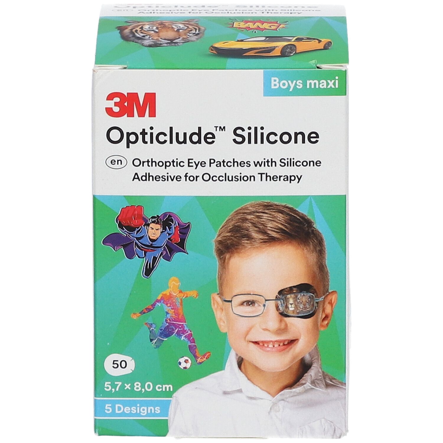 Boîte de pansements oculaires Opticlude Silicone, 50 unités, 5,7 x 8,0 cm. Illustration d'un garçon avec un cache-œil et des personnages de dessins animés.