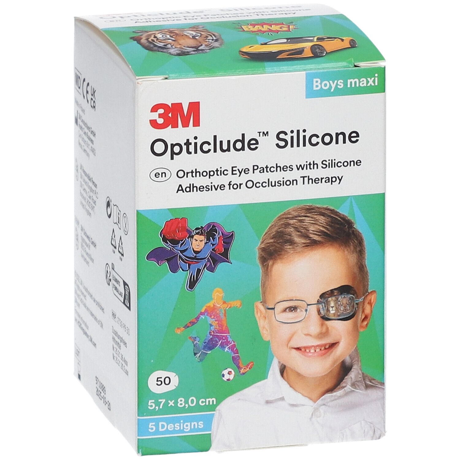 Boîte de pansements oculaires Opticlude Silicone, 50 unités, 5,7 x 8,0 cm. Illustration d'un garçon avec un cache-œil et des personnages de dessins animés.