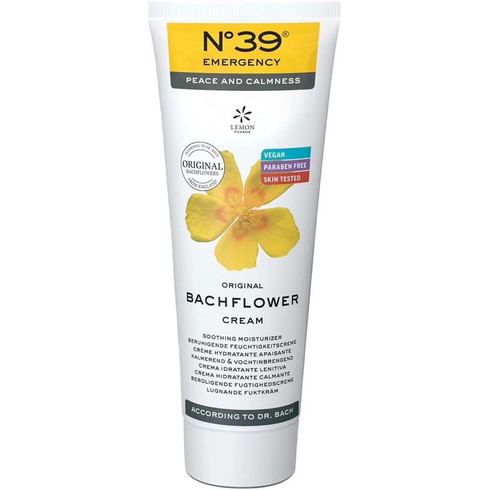 Tube blanche avec impression jaune. "N°39 EMERGENCY" en haut. En dessous, "Original Bachflower Cream". Végétalien, sans parabène, testé dermatologiquement.