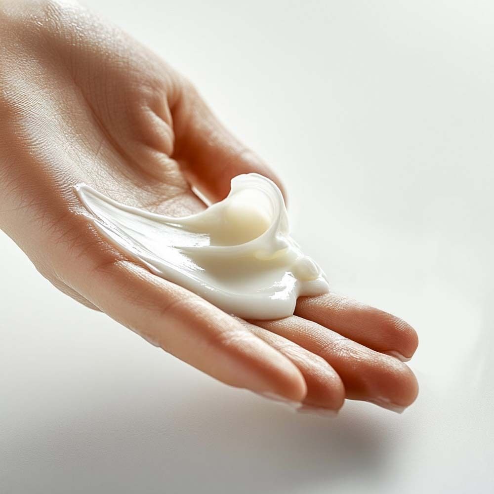 Main avec crème blanche. La crème est étalée sur la paume et a une texture lisse et brillante.