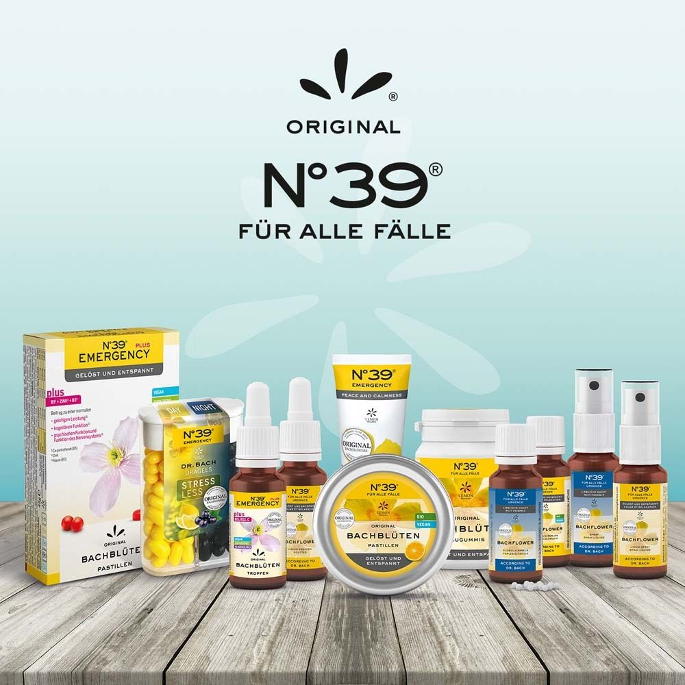 Divers produits de la marque N°39 sur une surface en bois. Contient des crèmes, pastilles, sprays et gouttes. Emballages jaunes et blancs.