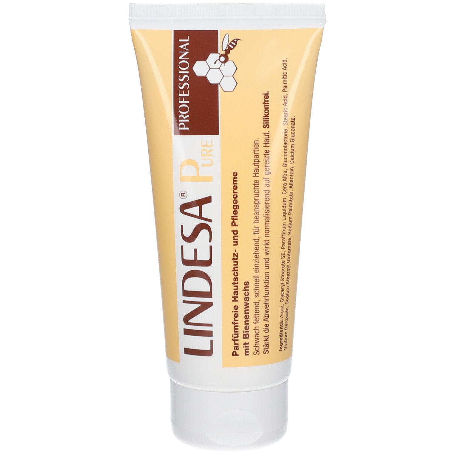 Tube de crème LINDESA® Pure, jaune et blanc. Inscription : PROFESSIONAL, PURE. Texte : sans parfum, avec cire d'abeille. Symbole en nid d'abeille.