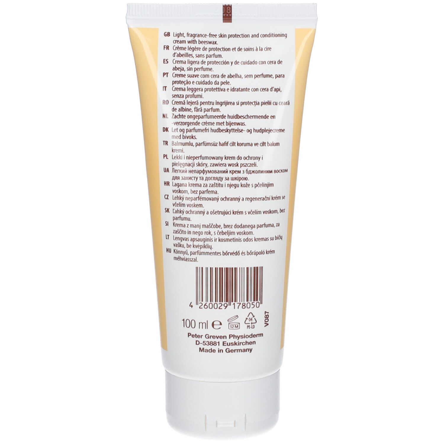 Dos du tube de crème LINDESA® Pure. Texte multilingue : Light, fragrance-free skin protection... 100 ml. Fabricant : Peter Greven Physioderm.