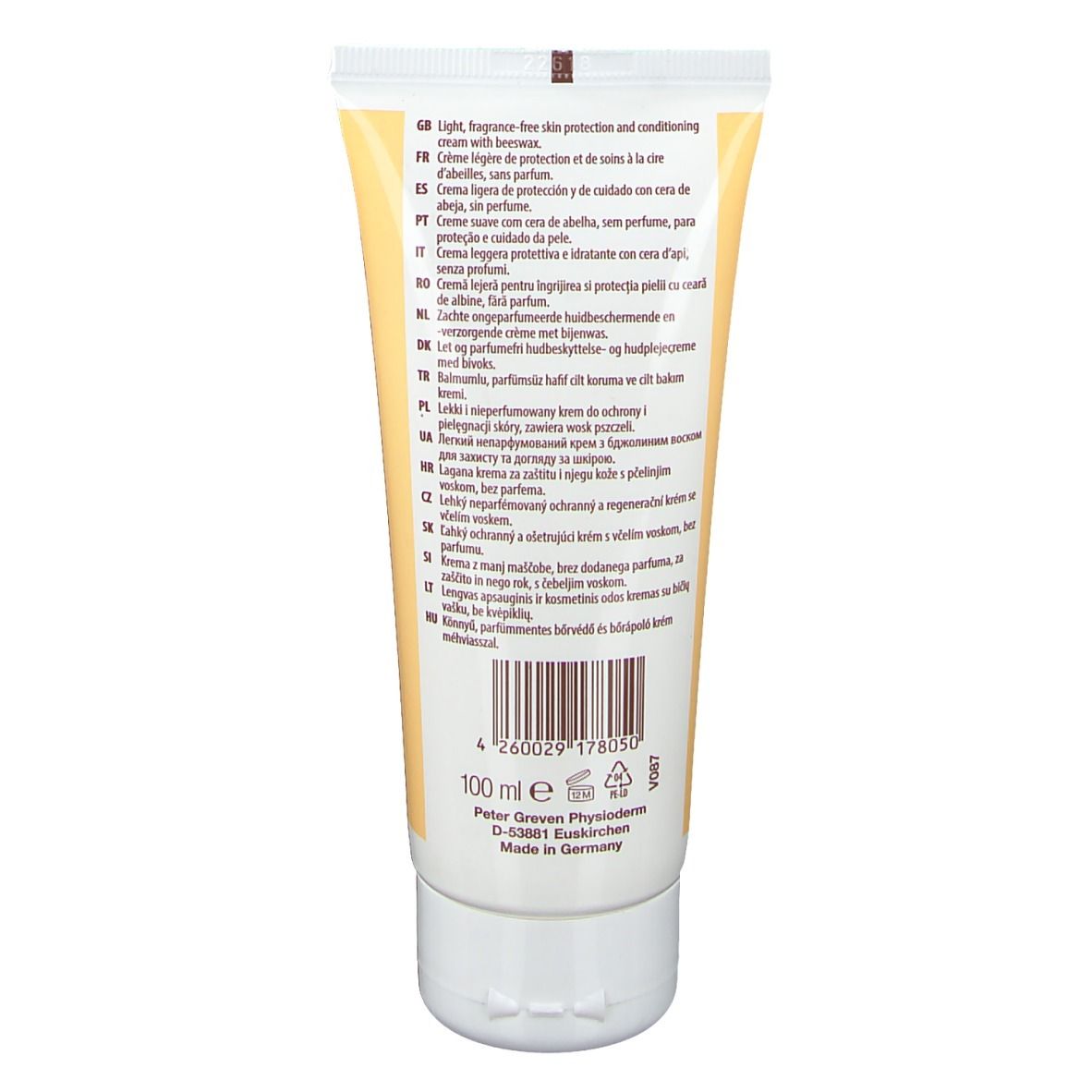 Dos du tube de crème LINDESA® Pure. Texte multilingue : Light, fragrance-free skin protection... 100 ml. Fabricant : Peter Greven Physioderm.