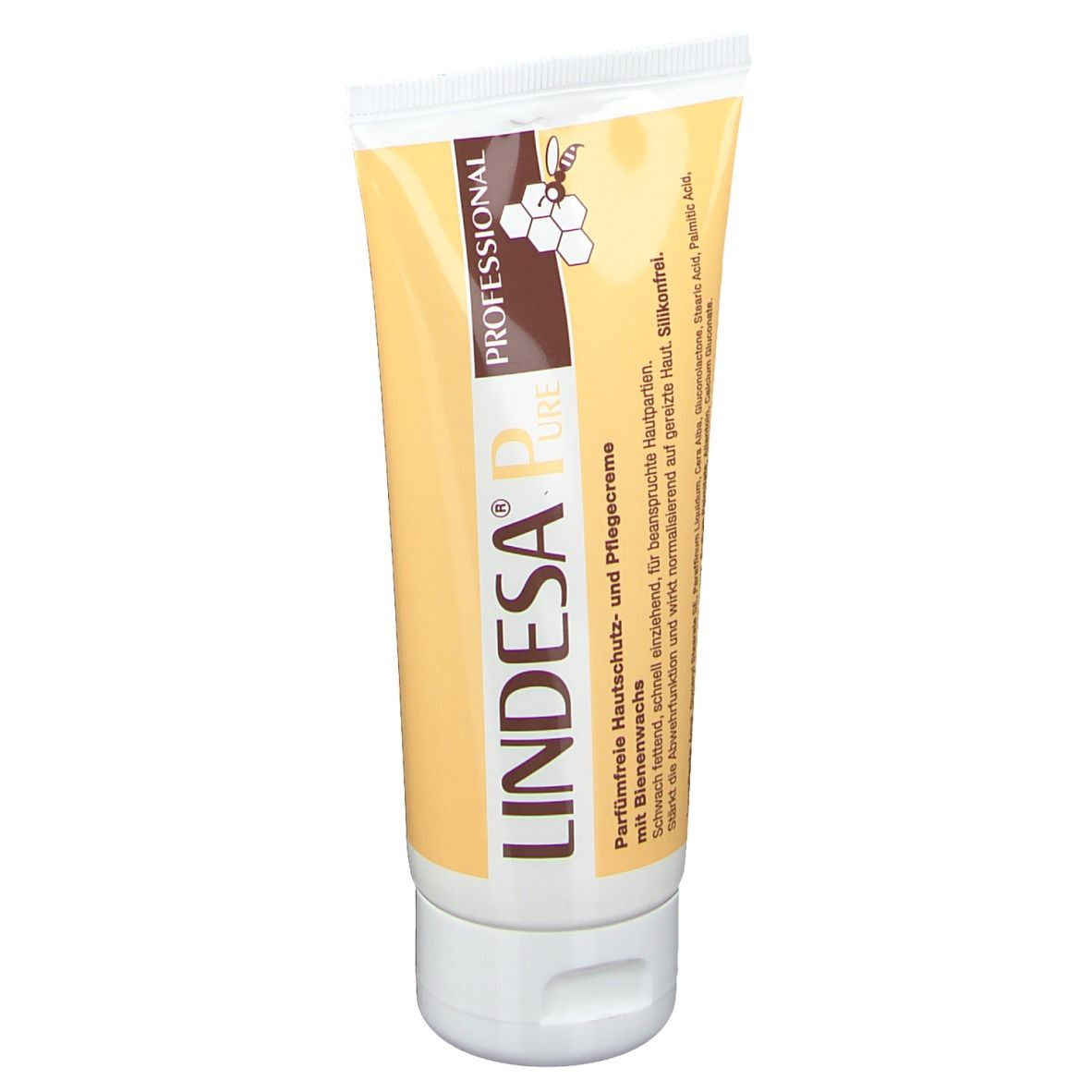 Tube de crème LINDESA® Pure, jaune et blanc. Inscription : PROFESSIONAL, PURE. Texte : sans parfum, avec cire d'abeille. Symbole en nid d'abeille.
