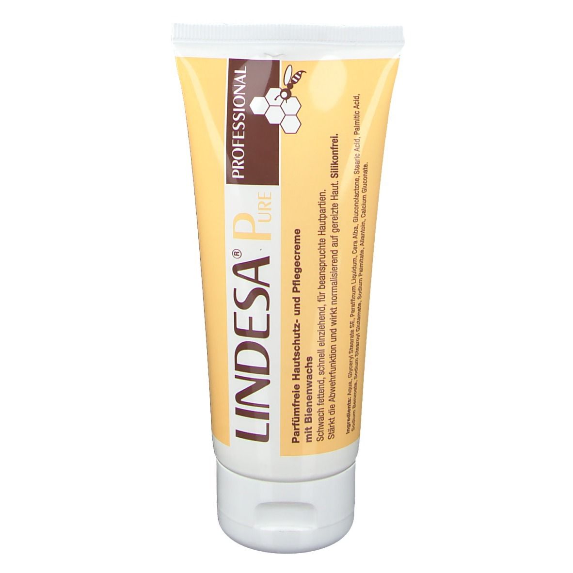 Tube de crème LINDESA® Pure, jaune et blanc. Inscription : PROFESSIONAL, PURE. Texte : sans parfum, avec cire d'abeille. Symbole en nid d'abeille.