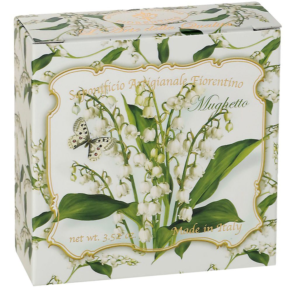 Boîte en carton avec motif de muguet. Inscription : Saponificio Artigianale Fiorentino, Mughetto. Fabriqué en Italie.