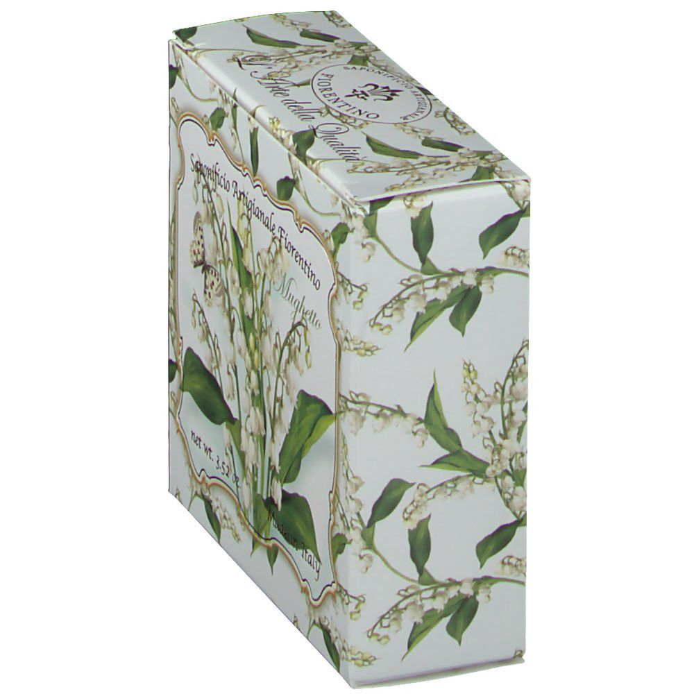 Boîte en carton inclinée avec motif de muguet. Inscription : Saponificio Artigianale Fiorentino, Mughetto.