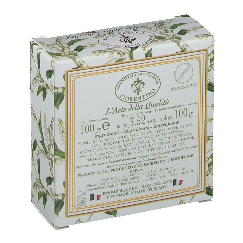 Boîte en carton avec motif de muguet. Inscription : L'Arte della Qualità. Ingrédients et informations du fabricant.