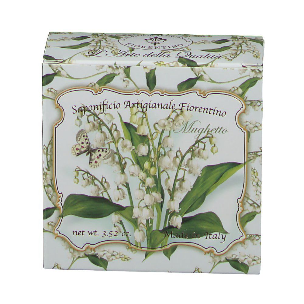Boîte en carton avec motif de muguet. Inscription : Saponificio Artigianale Fiorentino, Mughetto. Fabriqué en Italie.
